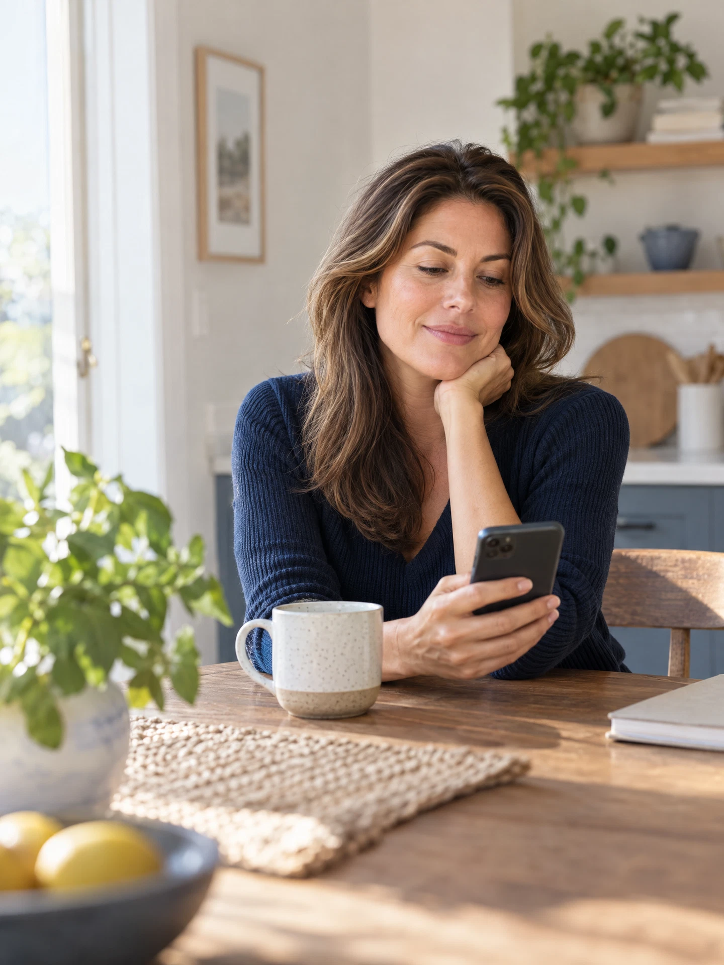 A woman checking her phone at a sunny kitchen table